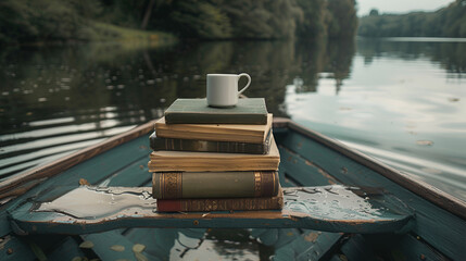 Aesthetic wide angle photograph of a pile of books and a coffee mug on a rowing boat in a lake. Product photography. Advertising. World book day.