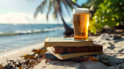 Aesthetic wide angle photograph of a pile of books and a beer pint glass at a tropical beach. Sunlight. Product photography. Advertising. World book day. - obrazy, fototapety, plakaty