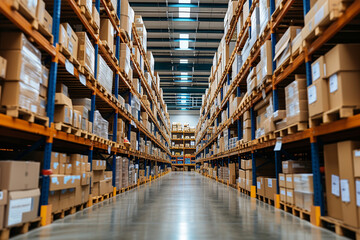View of a warehouse with neatly lined shelves filled with cardboard boxes. Organized and systematic storage of products ready for shipment. efficient inventory management. Logistics, cargo storage - obrazy, fototapety, plakaty