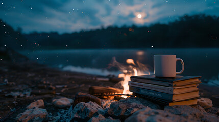 Aesthetic wide angle photograph of a pile of books and a coffee mug by a firepit in a camp site. Moonlight. Stars. Product photography. Advertising. World book day.
