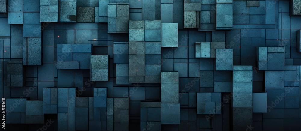Poster the dark blue background consists of squares and rectangles resembling high-rise buildings made of d