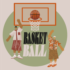 Stylized basketball illustration with players and hoop, perfect for sports events, team posters, and tournament promotions.