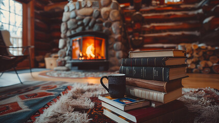 Aesthetic wide angle photograph of a pile of books and a coffee mug at a wood log cabin living room in winter. Fireplace. Product photography. Advertising. World book day.