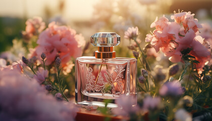 bottle of pink perfume on a background of flowers. handmade perfumes.
