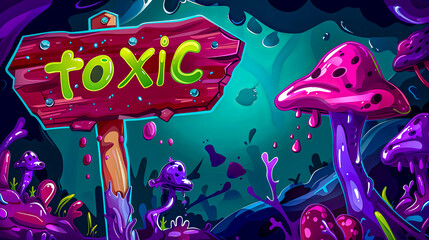Cartoon toxic swamp scene with mushrooms and slime - obrazy, fototapety, plakaty
