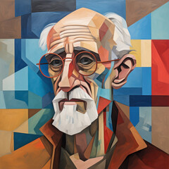 A striking cubist painting of a thoughtful intellectual adorned with round glasses