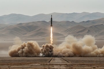 A rocket take off from its base, dust and smoke billowing. - obrazy, fototapety, plakaty