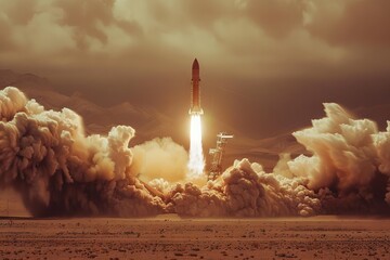 A rocket take off from its base, dust and smoke billowing.