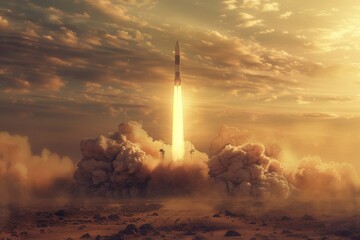 Obraz premium A rocket take off from its base, dust and smoke billowing.