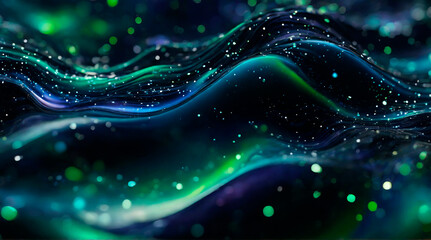 Abstract background with blue-green waves and glowing particles - obrazy, fototapety, plakaty