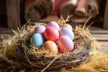 Fototapeta na wymiar Pastel colored Easter eggs in rustic straw nest