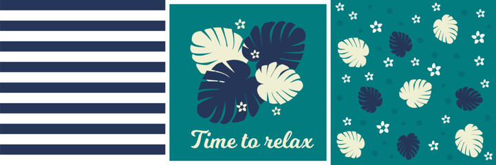 Tropical set of  monstera leaves and daisy flowers  background, poster time to relax.