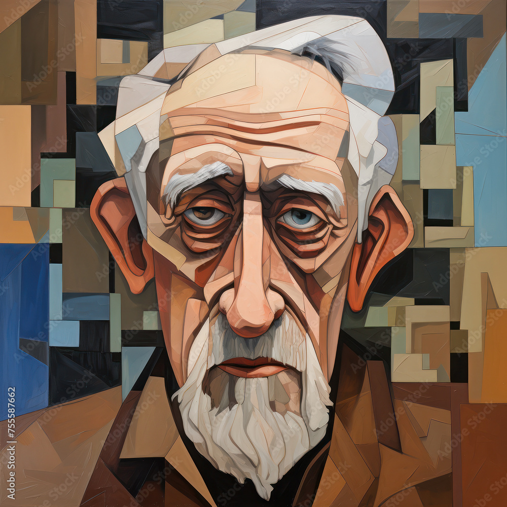 Poster a cubist representation old gentleman with profound depth in his features