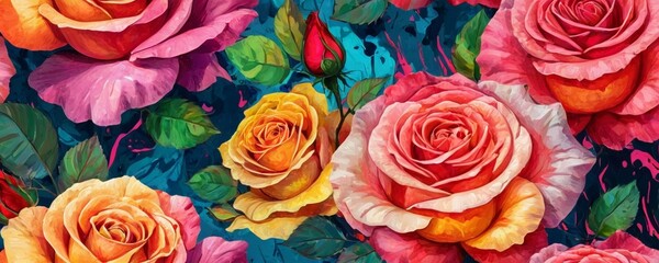 Colorful flowers background. Floral pattern with roses and leaves.