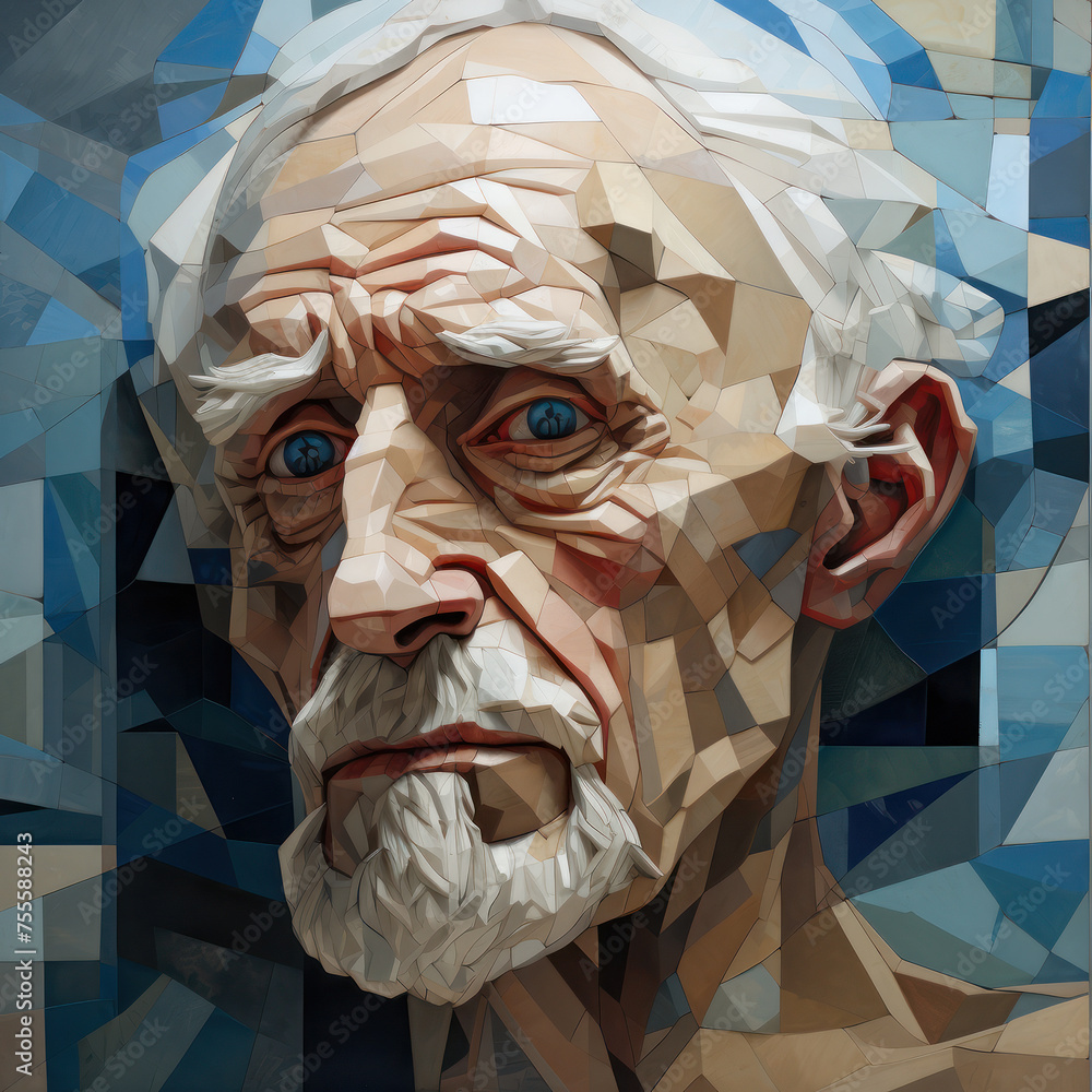 Poster an intricate cubist interpretation of an old man's intense gaze and expression