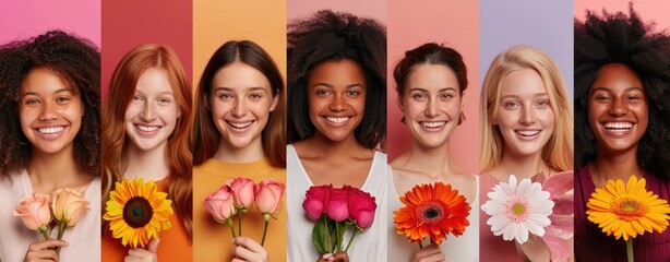 Collage of Radiant Women Smiling Amongst Spring Flowers.