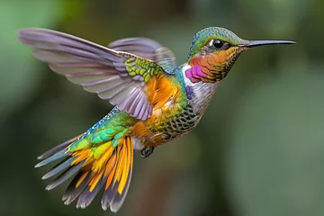 Fototapete Kolibri Hummingbirds perch amidst blossoming flowers in a verdant Costa Rican woodland. natural setting, lovely hummingbirds consuming nectar, vibrant backdrop fauna found in tropical environments, Hummingbir