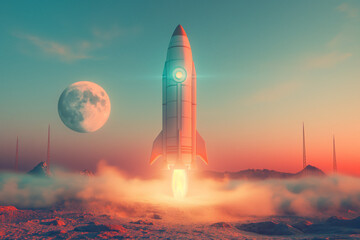 Raketenschiff auf dem Weg zum Mond - obrazy, fototapety, plakaty