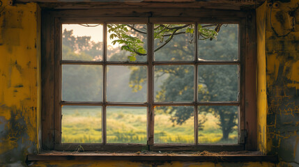 the abandoned house with window in the forest