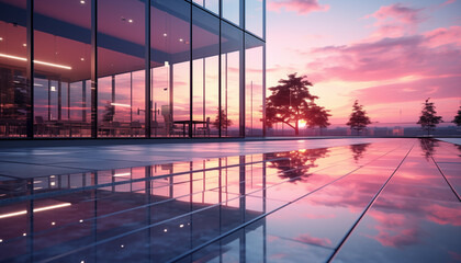 reflection of a pink sunset on the facade of a glass office buildin