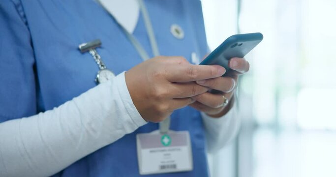 Medical person, hands or message on cellphone in clinic, research or drug reference guide for prescription. Doctor, text or digital patient records on mobile app for remote consultation in hospital