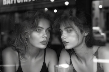 Zwei Frauen, die in einem Café in Paris sitzen - obrazy, fototapety, plakaty