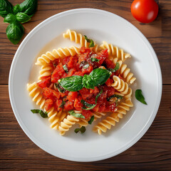 white plate with pasta or noodles, tomato sauce and basil herbs on a wooden table - Italian food