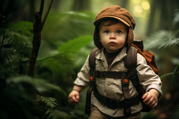 An adventurous baby eager to discover the world dressed as an adventurous explorer in the jungle - obrazy, fototapety, plakaty