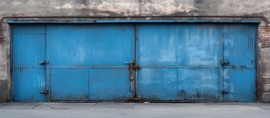 A blue garage door is open on a sidewalk, revealing the entrance to a warehouse or factory. The door stands out against the surrounding urban environment, offering a glimpse into the industrial space