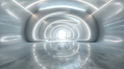 Obraz premium Illustration of a white circular room. Abstract architecture background. Futuristic minimal design. AI generative