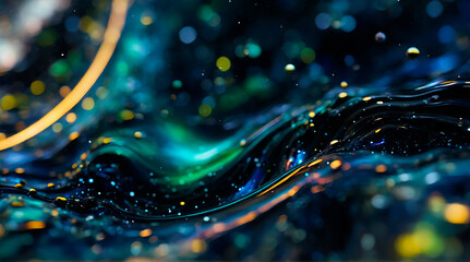 Abstract background with blue-green waves and glowing particles - obrazy, fototapety, plakaty