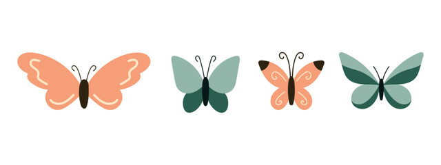 Set of hand drawn cute butterflies. Cartoon character for kids cards, baby shower, invitation, poster. Vector stock illustration