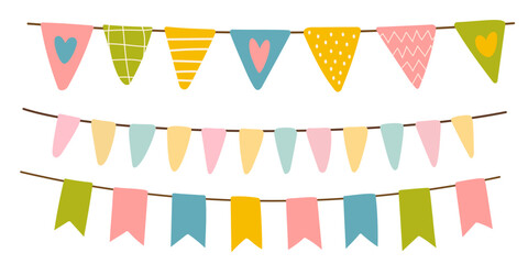 Set of decorative party string garland. Celebrate hanging colored flags for baby products, fabrics, packaging, covers, invitation. Vector stock illustration