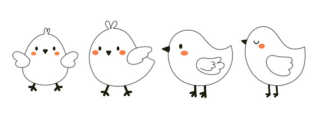Cute little Easter chicken outline sketch collection. Charming doodle line art characters for kids cards, baby shower, invitation, poster. Vector stock illustration