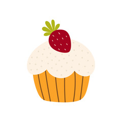 Cute boho cupcake with strawberry in childish style. Sweet dessert for kids cards, baby shower, invitation, poster. Vector stock illustration