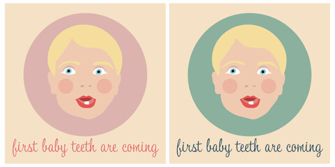 Charming cartoon of a baby's first tooth appearance. Baby first teeth.