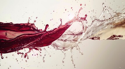 An artistic depiction of red and white wine splashes colliding diagonally, frozen in time against a clean background, showcasing the fluidity and energy of the moment in vivid detail.