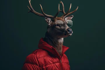 Rolgordijnen a deer wearing sunglasses and a red coat © Andrei