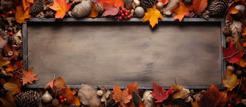 A stone picture frame is adorned with various autumn leaves and acorns, creating a seasonal and decorative display. The rustic and natural elements complement each other, enhancing the overall