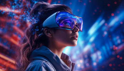 Close up portrait of a beautiful young woman wearing virtual reality goggles. - obrazy, fototapety, plakaty