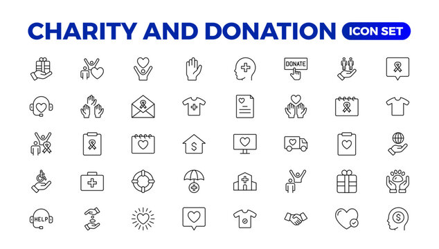 charity and donation icon set. charity and donation icon set, Help, volunteer, donated assistance, sharing, and solidarity symbol. Solid icons vector collection.