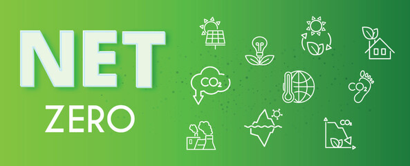 Zero emission by 2050 and carbon neutral concept on green background. Vector illustration. The goal is to reduce CO2 emissions and greenhouse gases
