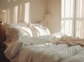 White pillows, duvet and duvet case on a bed. White bed linen. Bedroom with bed and bedding and poster frame mock up on the wall. close up view.