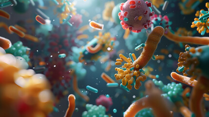 An intricately designed 3D model of the active exchanges occurring between micronutrients and healthy bacteria - obrazy, fototapety, plakaty