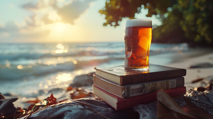 Aesthetic wide angle photograph of a pile of books and a beer pint glass at a tropical beach. Sunlight. Product photography. Advertising. World book day. - obrazy, fototapety, plakaty