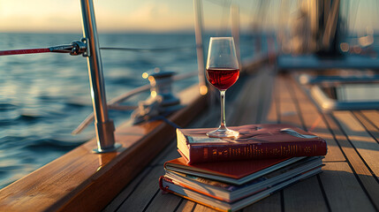 Aesthetic wide angle photograph of a pile of books and a red wine glass on a yacht deck at sea....