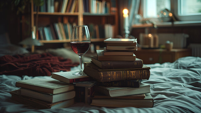 Aesthetic wide angle photograph of a pile of books and a red wine glass in a bedroom. Moonlight. Dim lights. Product photography. Advertising. World book day.
