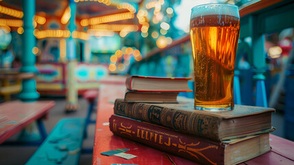 Aesthetic wide angle photograph of a pile of books and a beer pint glass at a colorful amusement park. Product photography. Advertising. World book day. - obrazy, fototapety, plakaty
