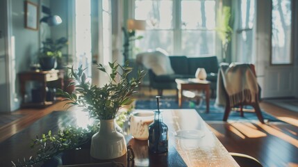 A cozy corner of a New England home with eclectic furnishings bathed in the golden hues of morning light streaming through the windows - obrazy, fototapety, plakaty