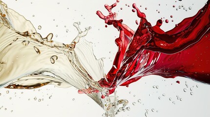An artistic depiction of red and white wine splashes colliding diagonally, frozen in time against a clean background, showcasing the fluidity and energy of the moment in vivid detail. - obrazy, fototapety, plakaty